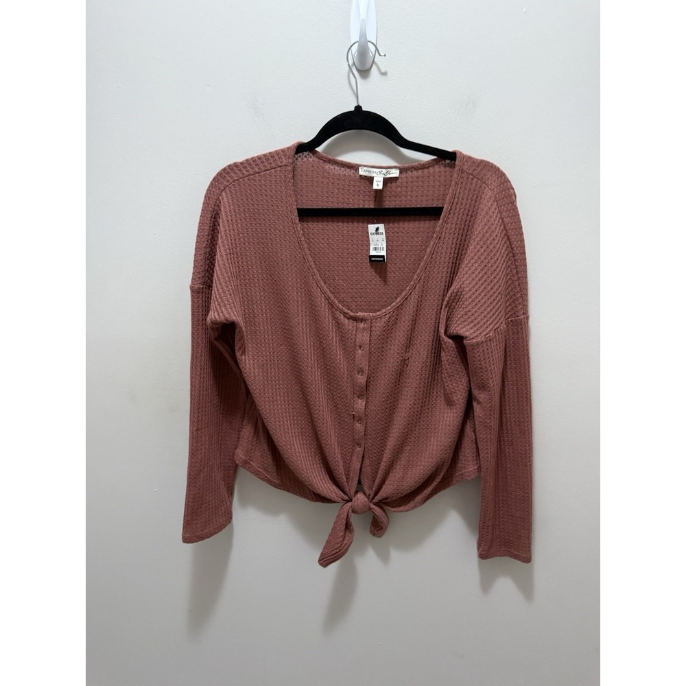 Express One Eleven Waffle Knit Tie-Front Henley Top – Size L Neutral NWT